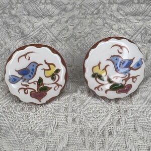 Vintage Folk Art Redware Pottery Bird with Flower  Screw Back Round Earrings